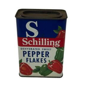 Vintage Schilling Pepper Flakes Tin Spice Can Ad Kitchen Prop Decor Retro